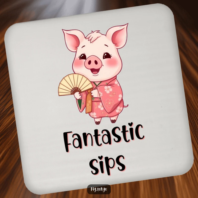 Funny happy pig kimono coaster set with a pig in a floral kimono holding a fan, protecting surfaces with artistic charm.