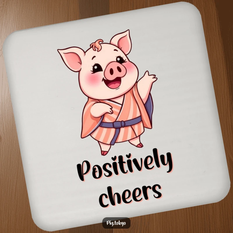 Funny drink coaster featuring a delighted pig in a striped kimono striking a funny pose, perfect for surface protection.
