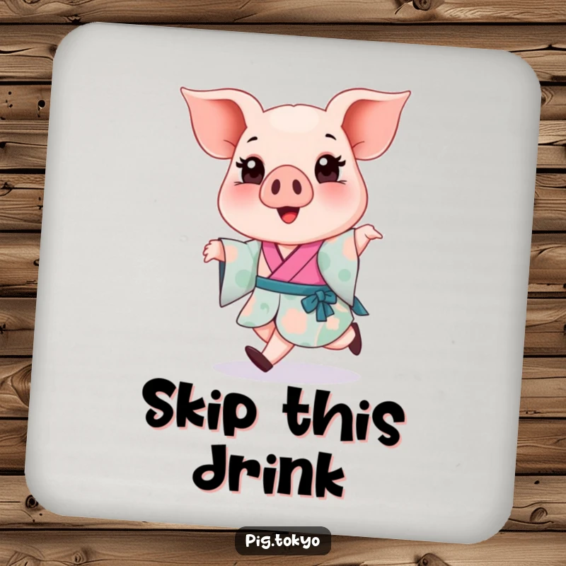Funny Piglet Kimono Coaster: A happy piglet in a colorful kimono takes a light skip, protecting surfaces with humorous charm.