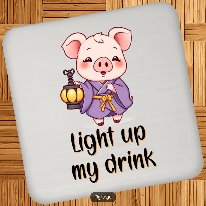 Funny drink coaster with a playful pig in a purple kimono holding a small lantern, offering protection with a gentle, humorous style.