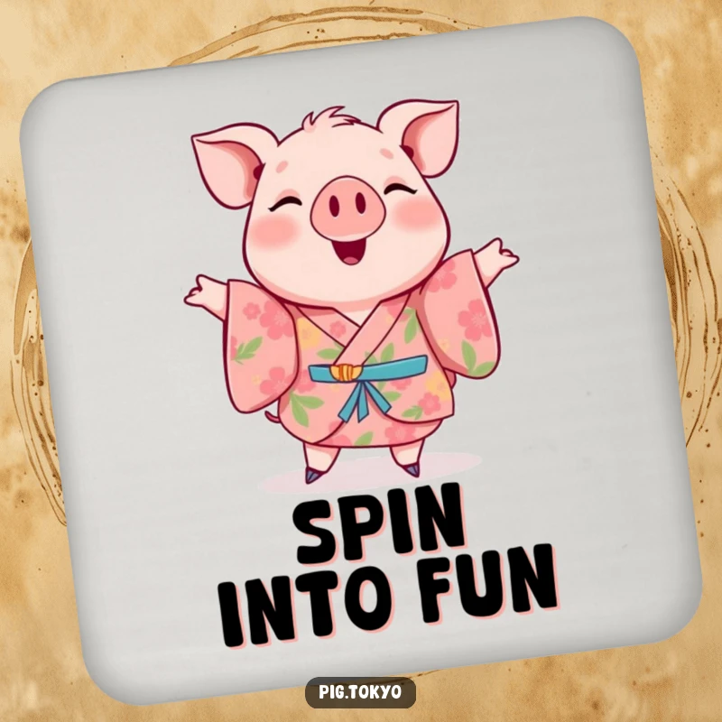 Funny drink coaster featuring a cheerful pig in a floral kimono doing a happy twirl, perfect for adding humor.
