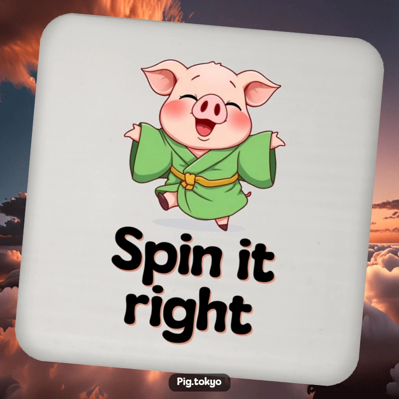 Funny drink coaster with a giggling pig in a green robe, depicted in a playful spin, adding a humorous touch to beverage protection.