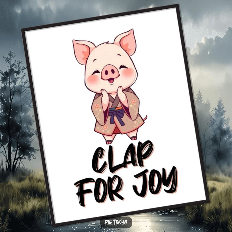 Funny Clapping Piglet Kimono Poster: A jovial piglet in a decorative kimono claps its paws together, vibrant wall art for a funny gift.