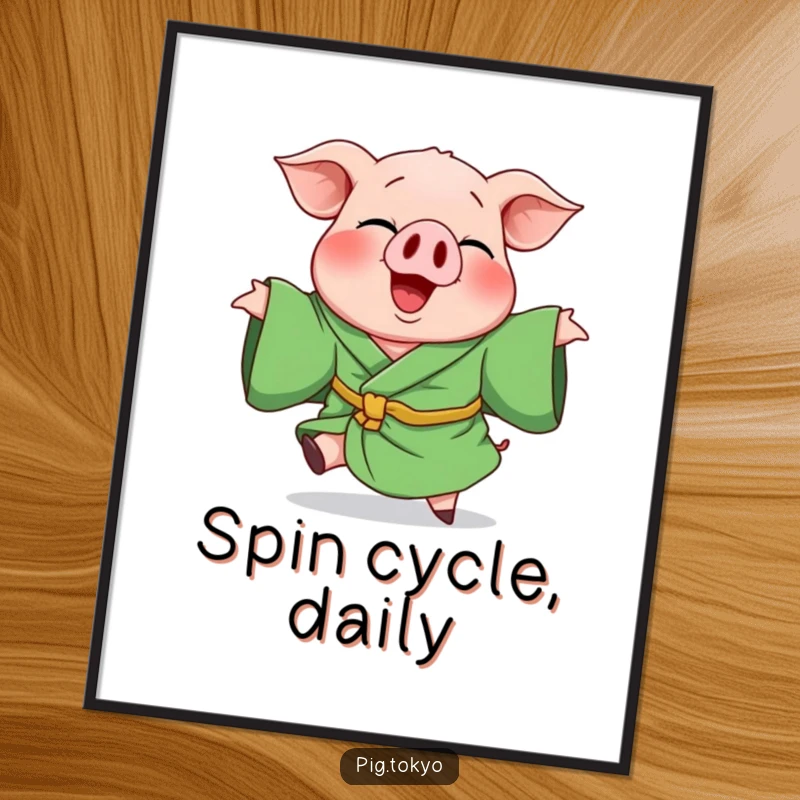 Funny poster displaying a giggling pig in a green robe, captured in a dynamic, playful spin, bringing animated humor to your walls.
