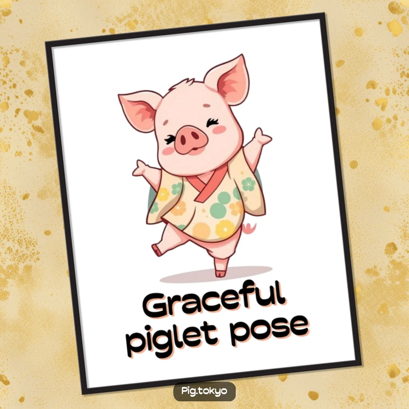 Funny piglet dancer poster featuring a playful piglet in a vibrant kimono kicking one leg up gracefully, whimsical wall art.