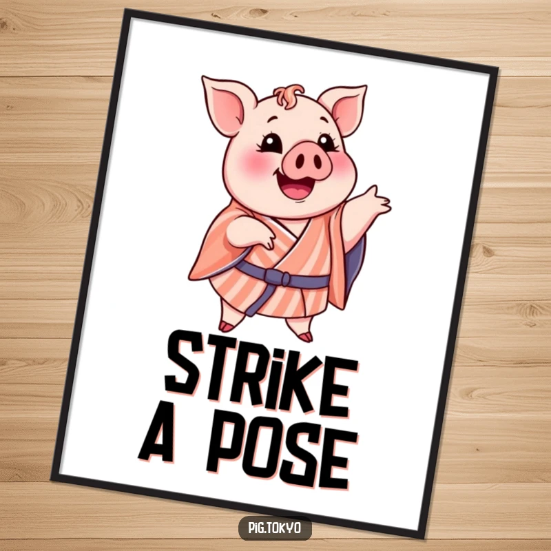 Funny poster print of a delighted pig in a striped kimono striking a comical pose, perfect for humorous wall art.