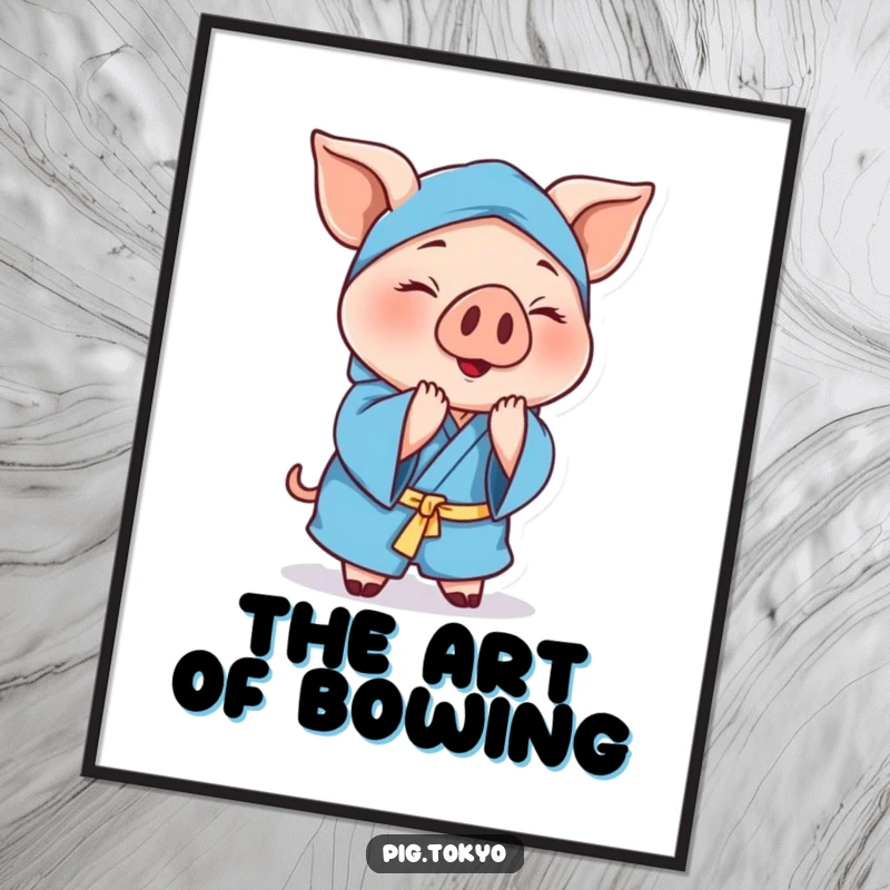 Funny cheerful pig poster depicting a polite pig wearing a blue robe, gracefully bowing to add a touch of elegant humor to any room.