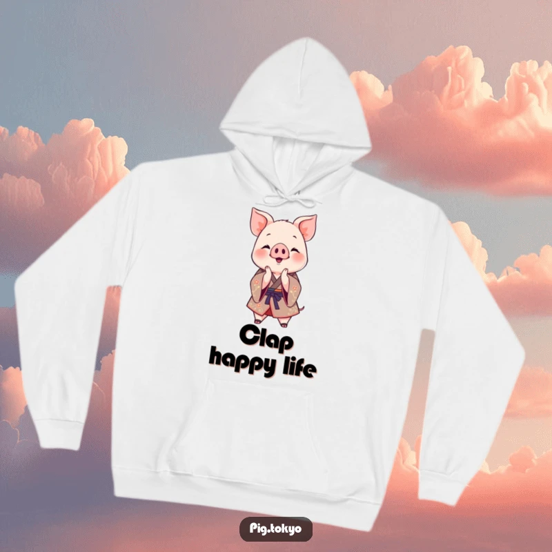 Funny Clapping Piglet Kimono Hoodie: A jovial piglet in a decorative kimono claps its paws together, offering warmth and funny cheer.