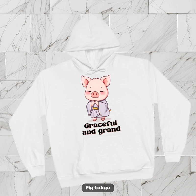 Funny hoodie featuring a graceful pig in an exquisite silk kimono performing an elegant bow, designed for comfort and poise.