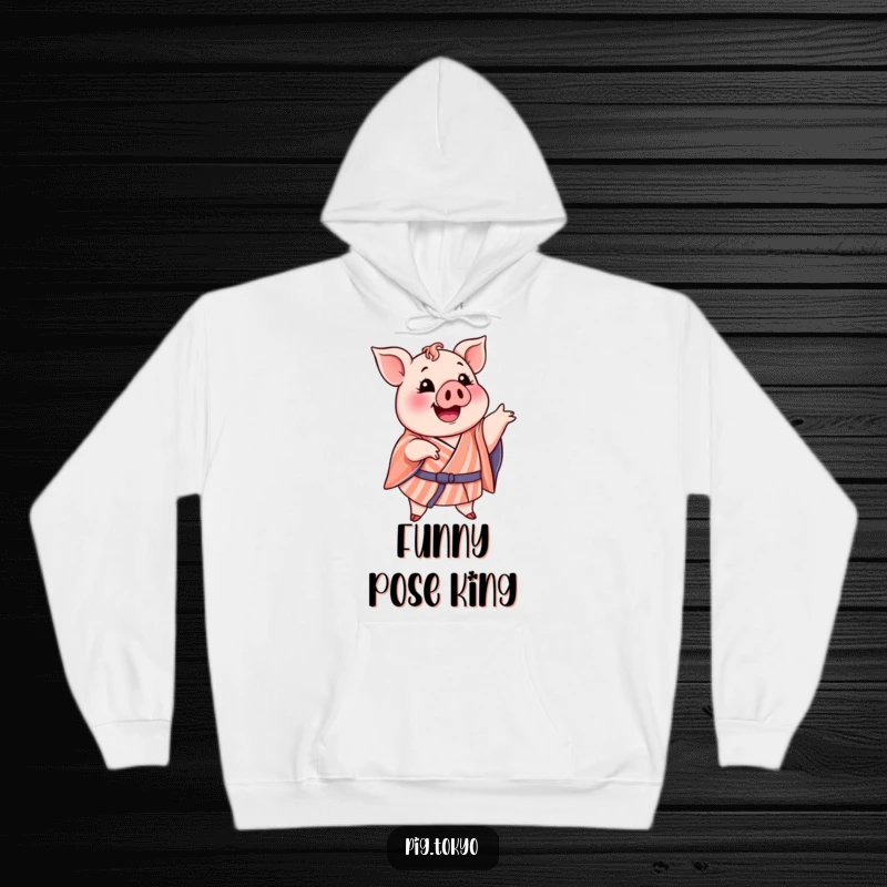 Funny hoodie design of a delighted pig in a striped kimono striking a comical pose, perfect for staying warm and amused.
