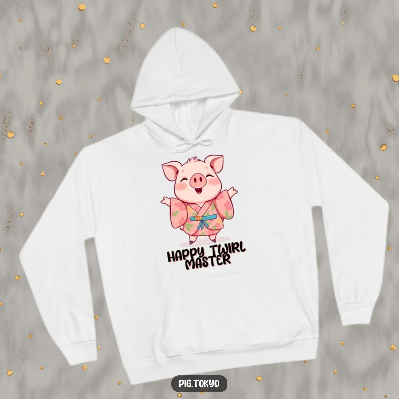 Funny hoodie design of a cheerful pig in a floral kimono performing a happy twirl, perfect for staying warm and joyful.