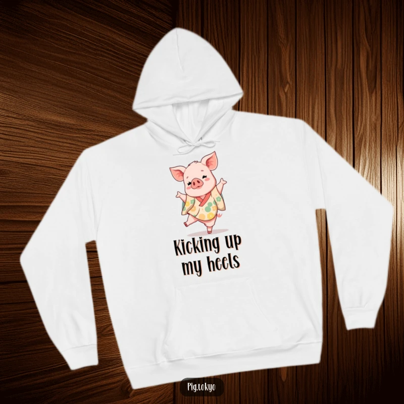 Funny piglet dancer hoodie featuring a playful piglet in a vibrant kimono kicking one leg up gracefully, cozy and stylish.