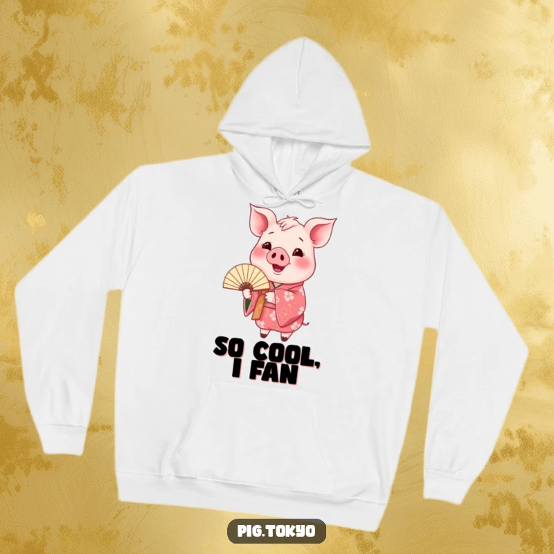 Funny happy pig kimono hoodie featuring a pig in a floral kimono holding a fan, offering cozy artistic charm and humor.