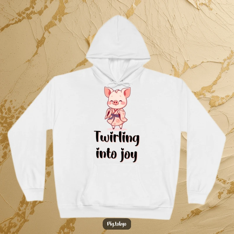 Funny piglet dancer hoodie with a cheerful piglet in a flowing kimono performing a gentle twirl, cozy and charming.