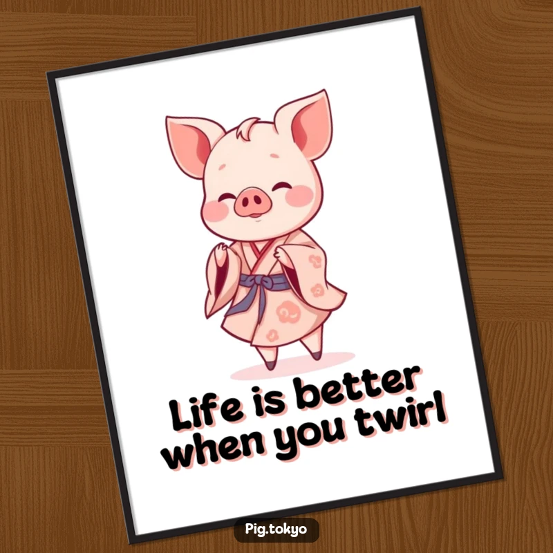 Funny Free Printable Wall Art: A cheerful piglet in a flowing kimono performs a gentle twirl, charming decor.