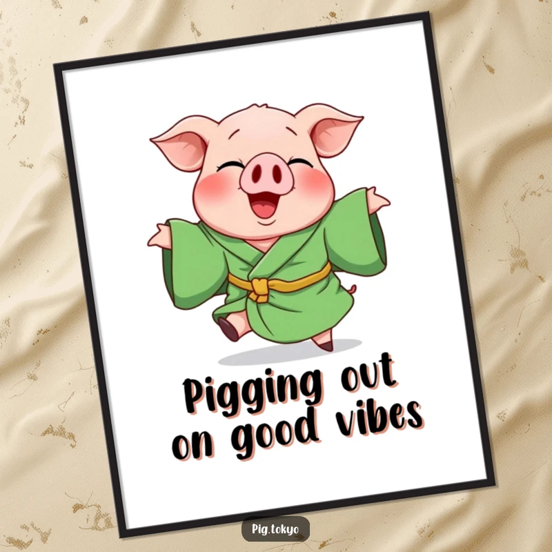 Funny Free Printable Wall Art: Giggling pig in a green robe doing a playful spin, bringing joy.