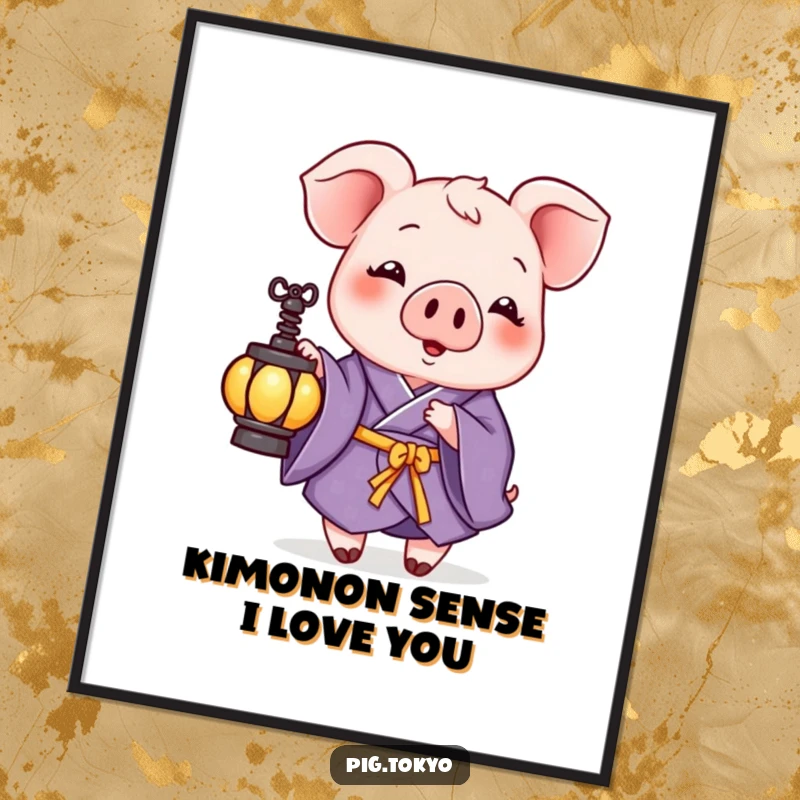 Funny Free Printable Wall Art: Playful pig in a purple kimono holding a small lantern, creating ambiance.