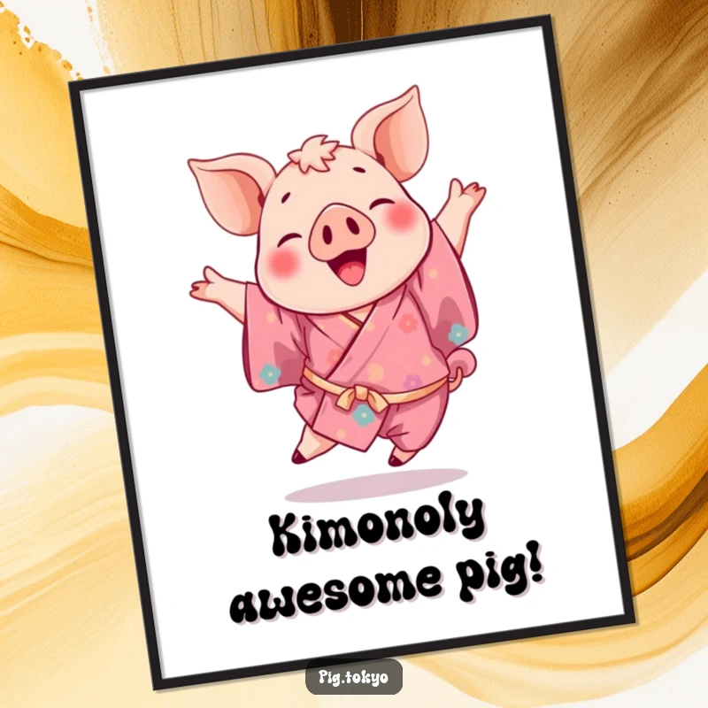 Funny Free Printable Wall Art: A playful pig wearing a vibrant kimono, captured in a joyful leap, bringing energetic and humorous decoration.