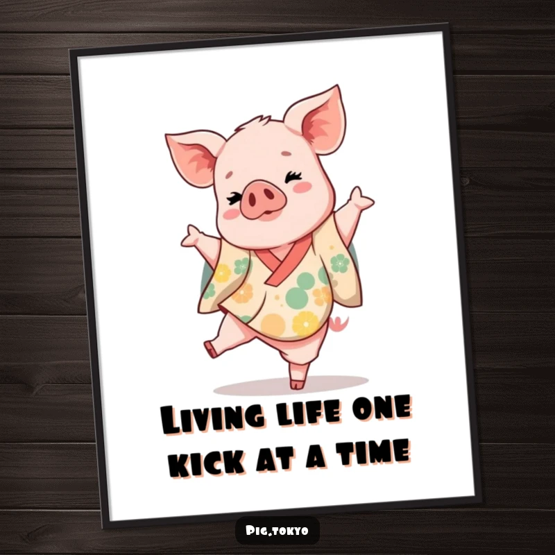 Funny Free Printable Wall Art: A playful piglet in a vibrant kimono gracefully kicks one leg up, charming decor.