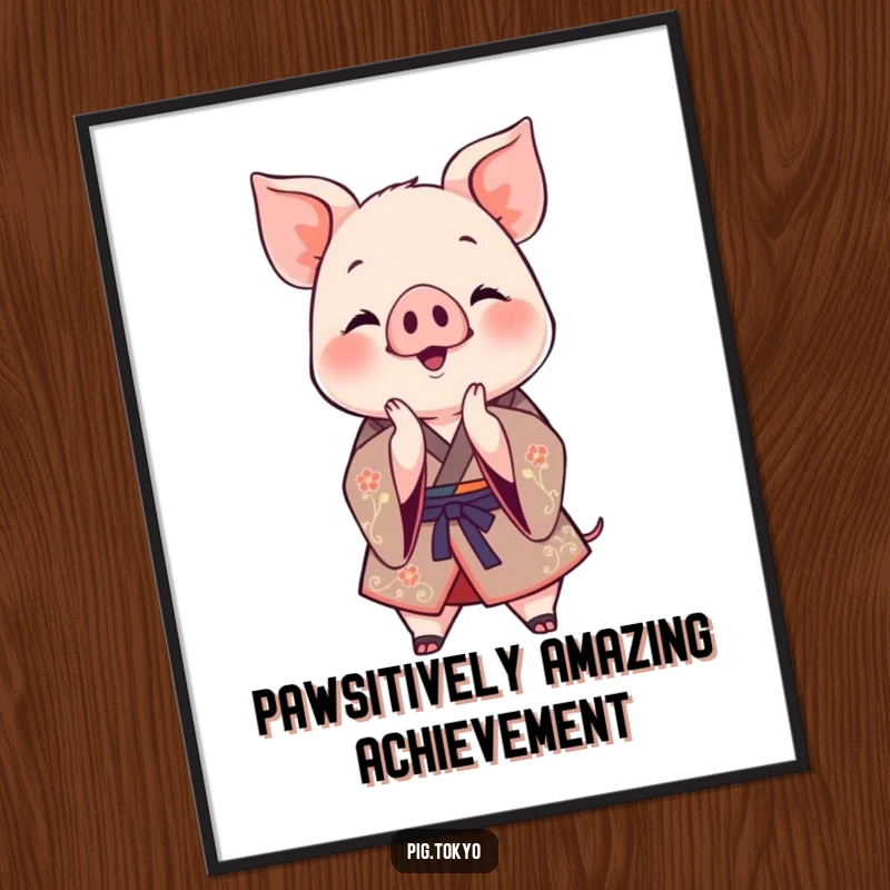 Funny Free Printable Wall Art of a jovial piglet in a kimono clapping paws, a cute downloadable art.