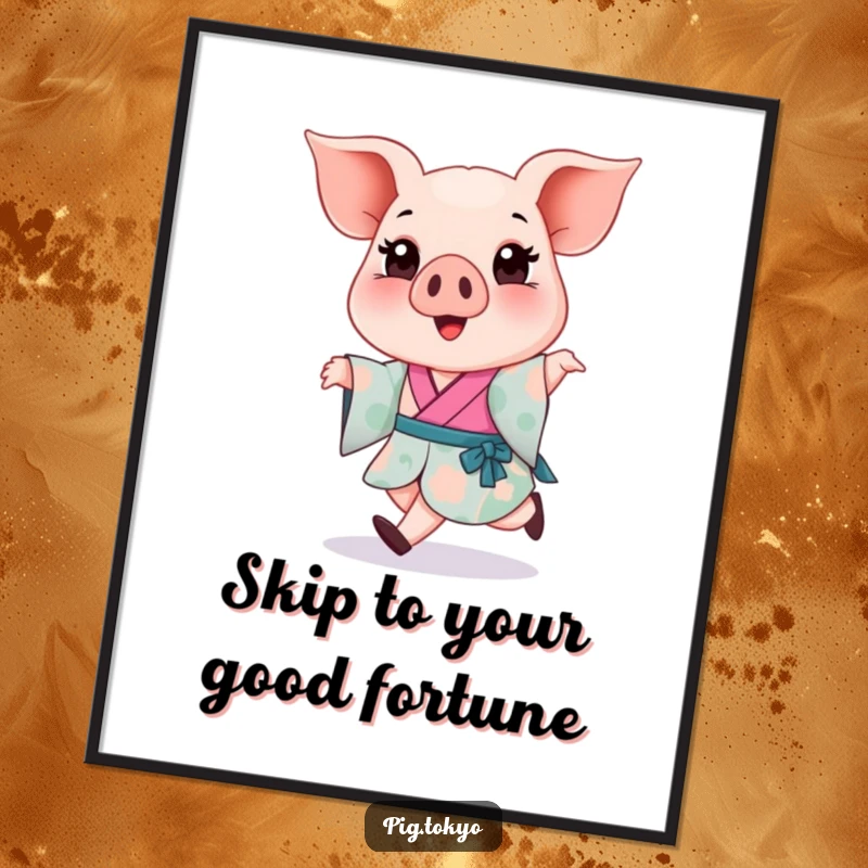 Funny Free Printable Wall Art of a happy piglet in a colorful kimono skipping, a delightful downloadable art piece.