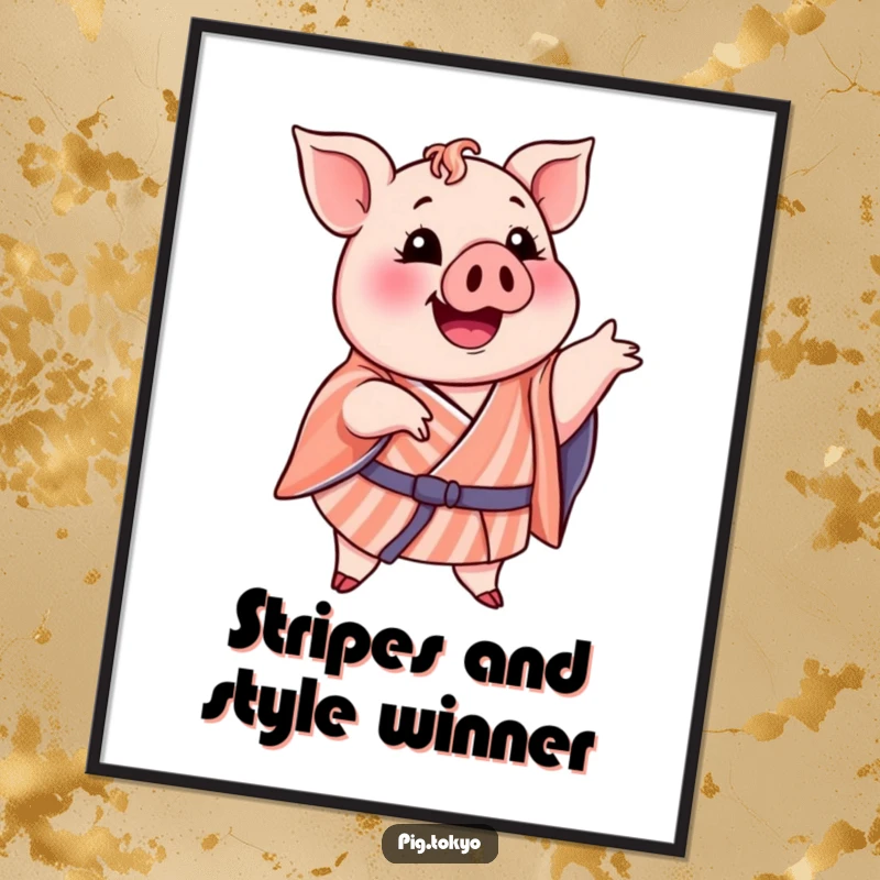 Funny Free Printable Wall Art: A delighted pig wearing a striped kimono, striking a humorous and memorable pose, adding personality and fun to walls.
