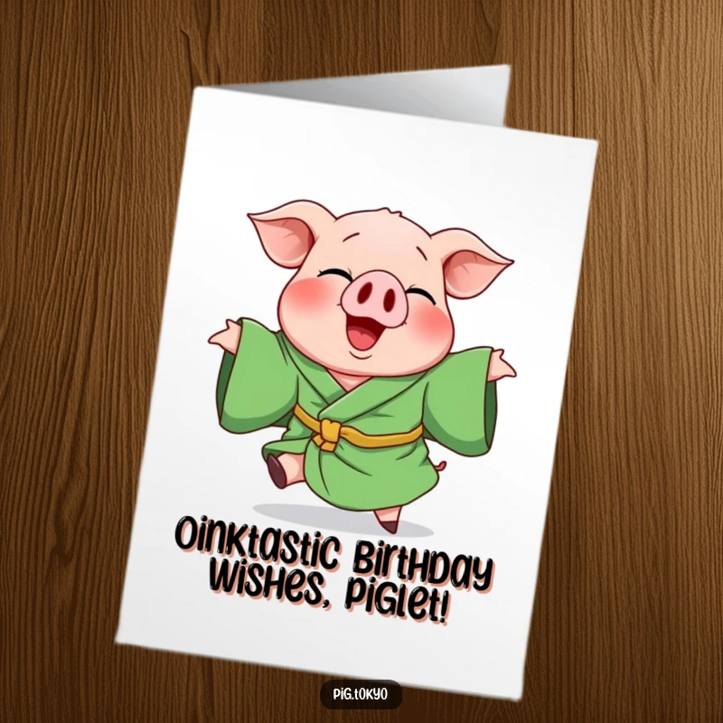 Funny Free Printable Birthday Card: Giggling pig in a green robe spinning joyfully, perfect for a laugh.