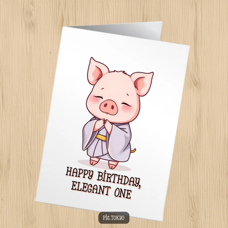 Funny Free Printable Birthday Card: A graceful pig in a silk kimono elegantly bowing, conveying polite and sophisticated birthday wishes, downloadable.