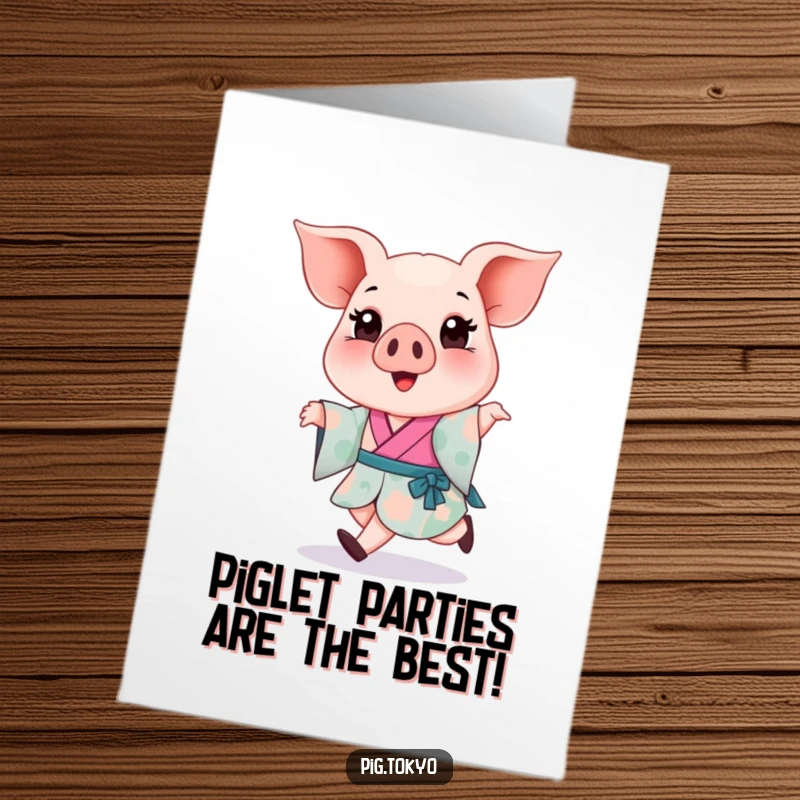 Funny Free Printable Birthday Card featuring a joyful piglet in a kimono skipping happily, perfect for a DIY gift.