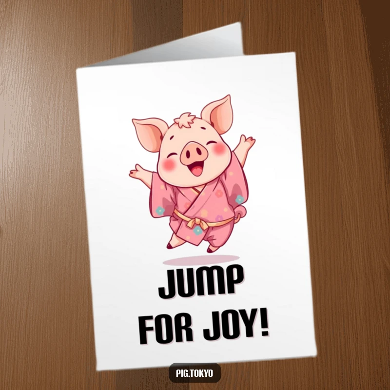 Funny Free Printable Congratulations Card: A playful pig wearing a vibrant kimono, captured mid-leap, expressing pure joy and celebration for an achievement.