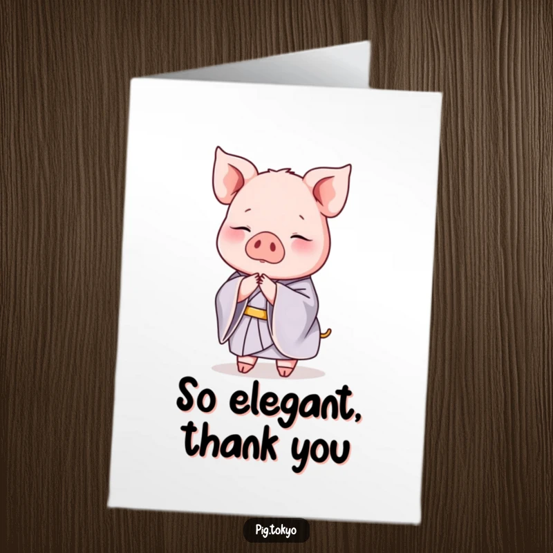 Funny Free Printable Thank You Card: A graceful pig in a silk kimono bowing elegantly, a perfect and polite way to express gratitude, downloadable.