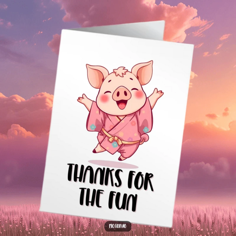 Funny Free Printable Thank You Card: A playful pig in a vibrant kimono, joyfully leaping, a delightful way to show gratitude, printable and downloadable.
