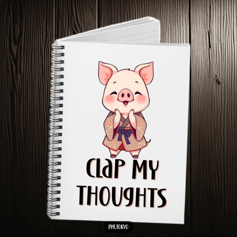 Funny Clapping Piglet Kimono Notebook: A jovial piglet in a decorative kimono claps its paws together, perfect for jotting down celebratory thoughts.
