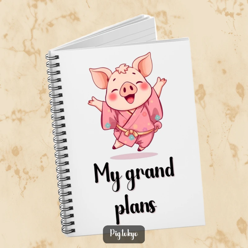Funny notebook with a playful pig in a vibrant kimono doing a joyful leap, perfect for jotting down creative thoughts.