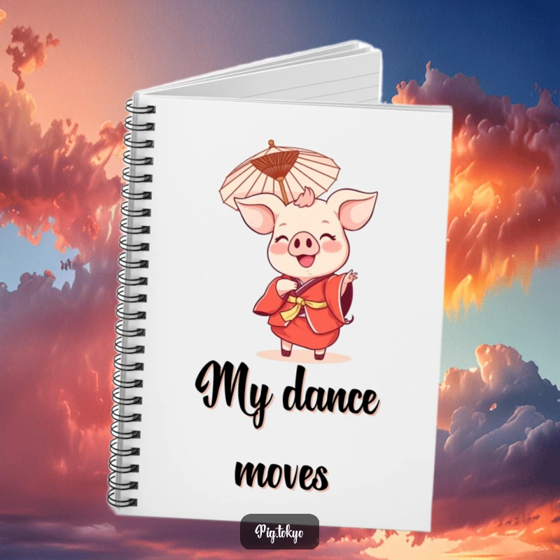 Funny smiling pig dance notebook with a pig in a red kimono holding a parasol, designed for capturing joyful thoughts with festive flair.