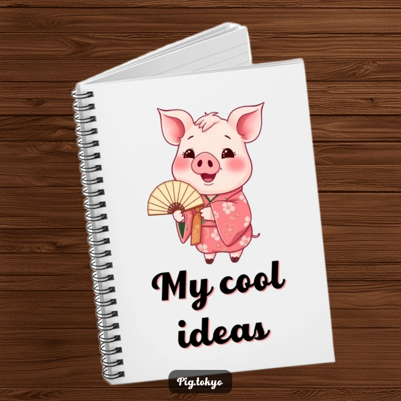 Funny happy pig kimono notebook with a pig in a floral kimono holding a fan, designed for capturing creative thoughts with artistic flair.