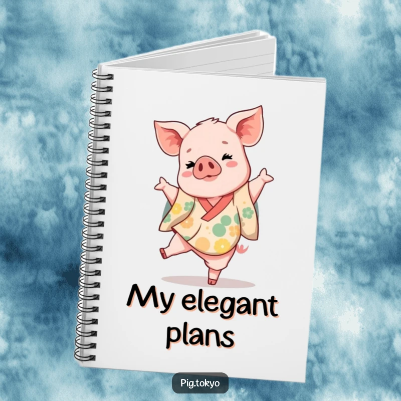 Funny piglet dancer notebook featuring a playful piglet in a vibrant kimono kicking one leg up gracefully, for writing.