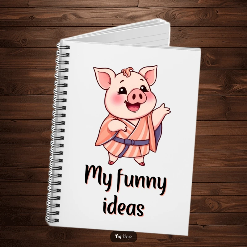 Funny notebook with a delighted pig in a striped kimono striking a funny pose, perfect for jotting down humorous ideas.