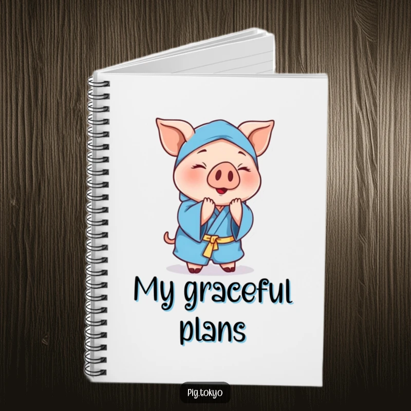 Funny cheerful pig notebook with a polite pig wearing a blue robe, gracefully bowing to inspire elegant writing and thoughtful notes.