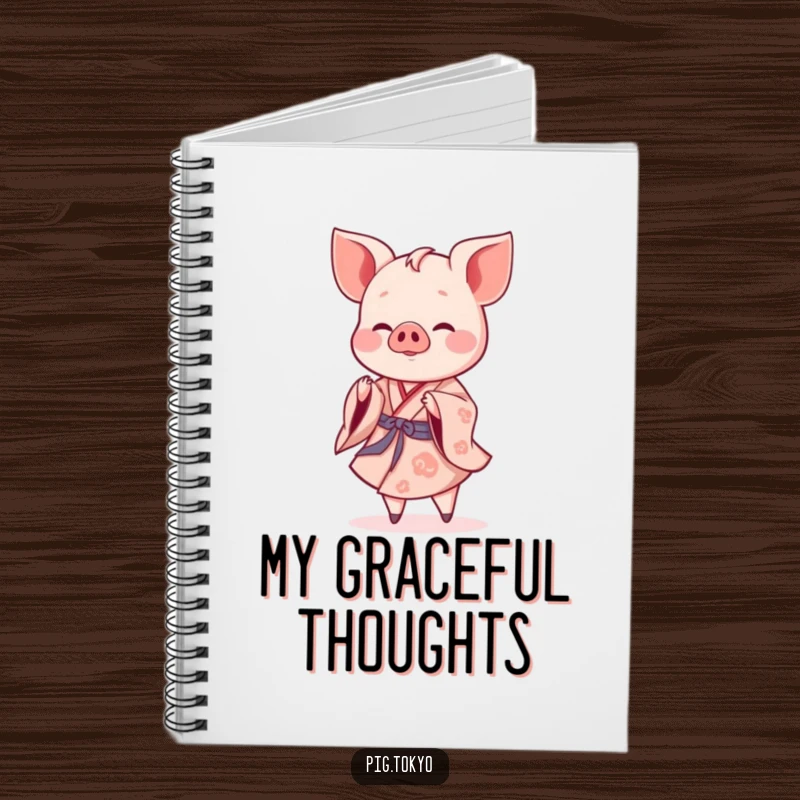 Funny piglet dancer notebook featuring a cheerful piglet in a flowing kimono performing a gentle twirl, for writing.