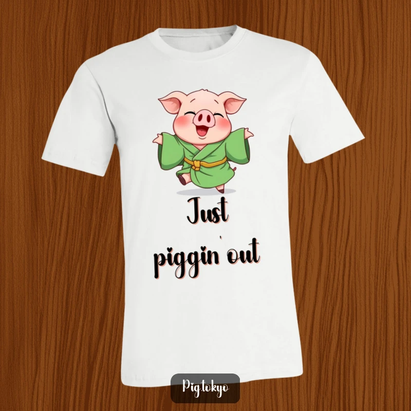 Funny t-shirt featuring a giggling pig in a green robe, performing a whimsical, playful spin with a joyful expression.