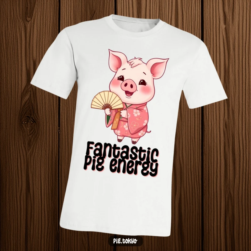 Funny happy pig t-shirt featuring a pig in a floral kimono holding a fan, dressed for a festive and humorous occasion.