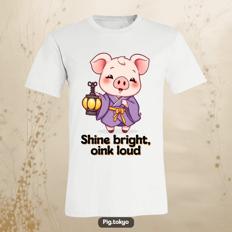 Funny t-shirt showcasing a playful pig in a purple kimono, holding a small lantern, radiating a soft glow and lightheartedness.