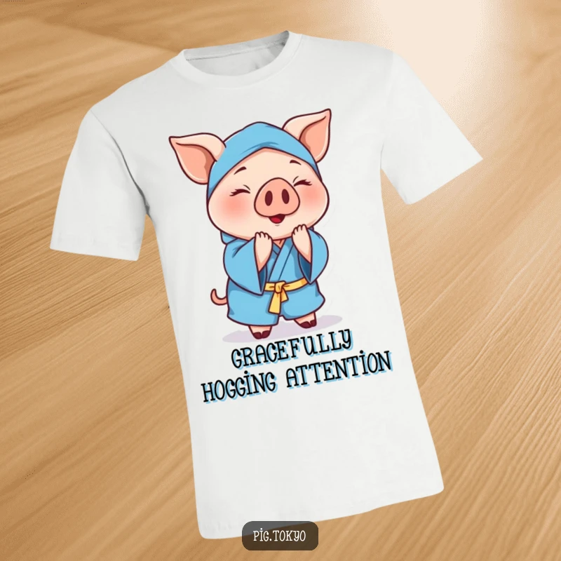 Funny cheerful pig t-shirt featuring a polite pig in a blue robe, gracefully bowing to greet everyone with a smile.