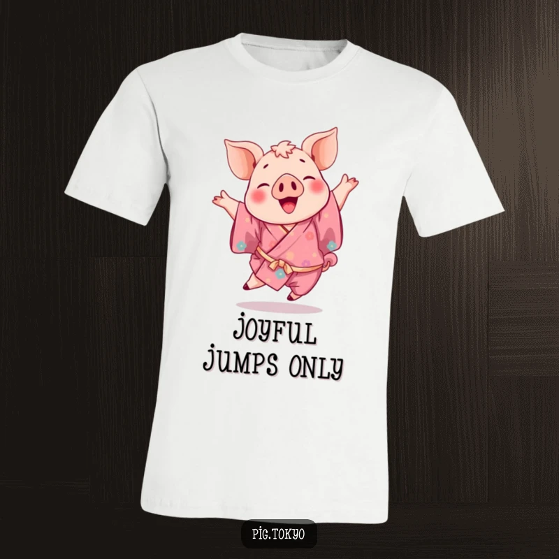 Funny t-shirt featuring a playful pig in a vibrant kimono captured mid-leap, radiating pure joy and energetic fun.
