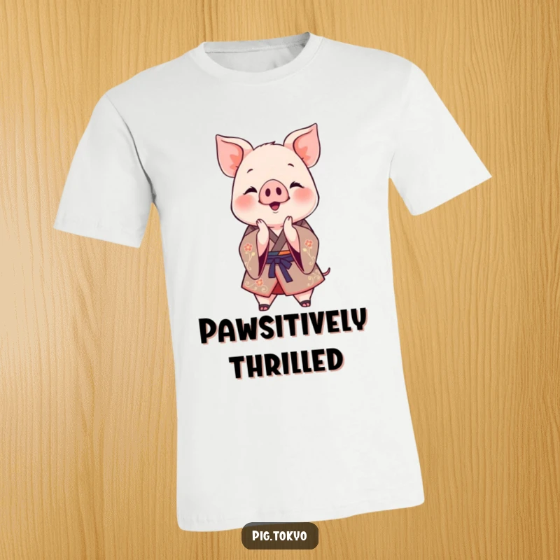 Funny Clapping Piglet Kimono T-Shirt: A jovial piglet in a decorative kimono claps its paws together in celebration, a funny gift.