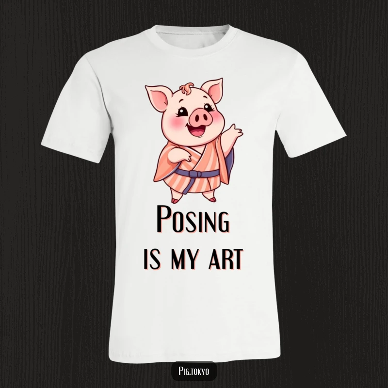 Funny t-shirt featuring a delighted pig in a striped kimono striking a comical and memorable pose, perfect for humorous appeal.