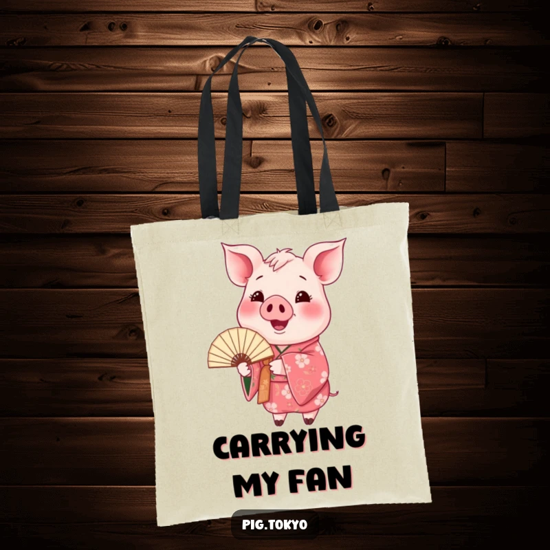 Funny happy pig kimono tote bag with a pig in a floral kimono holding a fan, a charming accessory for carrying goods.