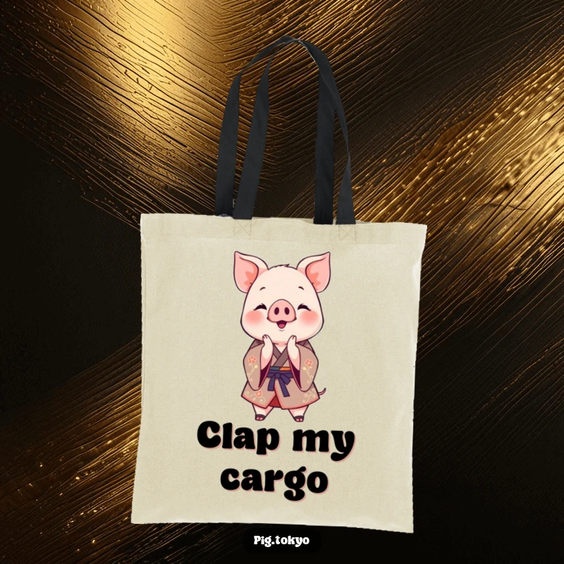 Funny Clapping Piglet Kimono Tote Bag: A jovial piglet in a decorative kimono happily claps its paws together, ideal for carrying essentials.