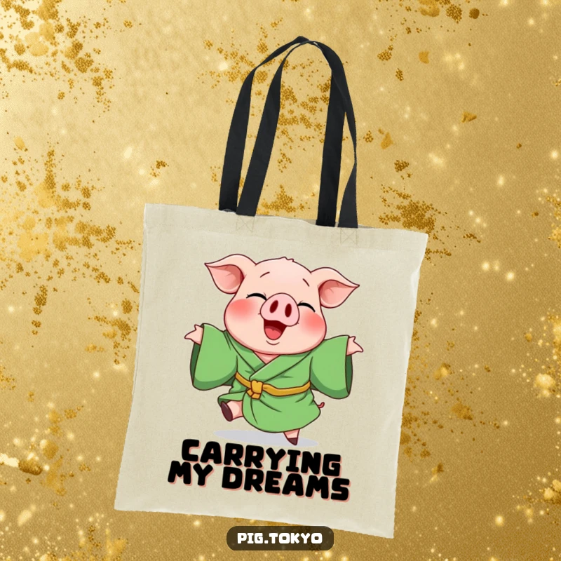 Funny tote bag showcasing a giggling pig in a green robe, doing a playful, energetic spin, perfect for carrying essentials with glee.